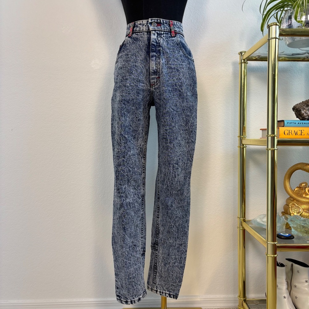 80s Vintage Lee High Waisted Acid Wash Jeans | Blue Size Size 13, Paisley Trim - Picture 2 of 16
